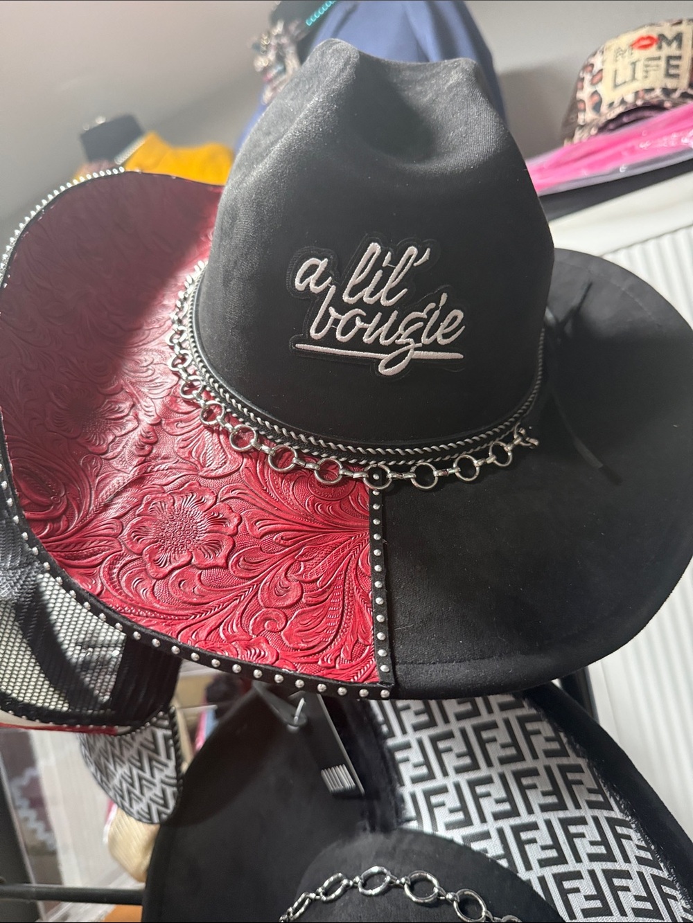 a lil' bougie Black and Red Western Hat with Chain Trim